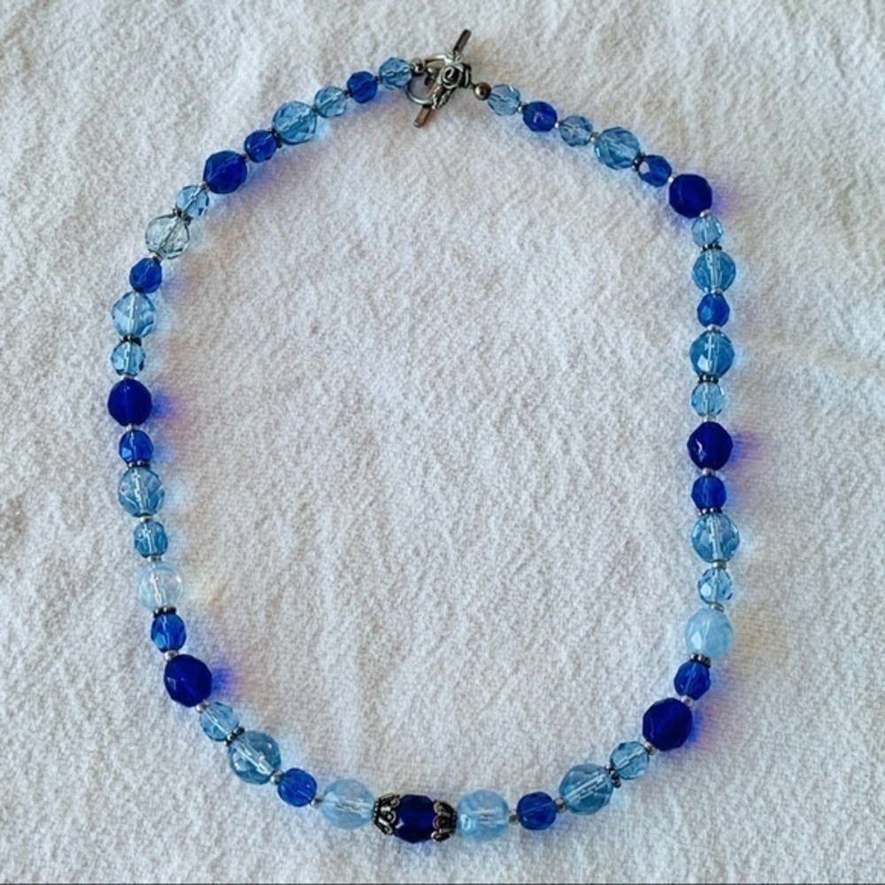 Sterling silver toggle clasp faceted blue glass bead dainty necklace